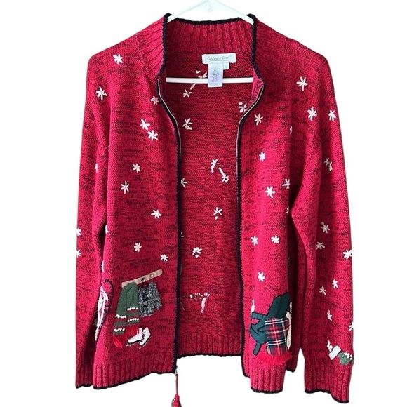 Vtg Coldwater Creek Cotton Ramie Zip Up Winter Themed Cardigan Red Novelty - Picture 13 of 13